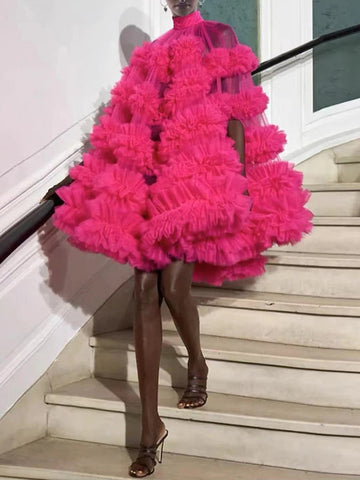 Woochic robe cocktail à ourlet gâteau tulle à volants couture rose2 S